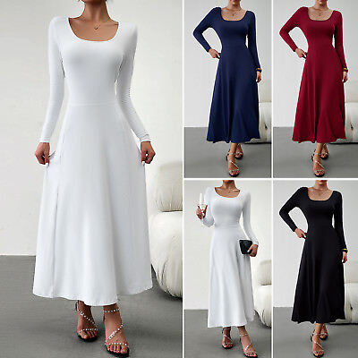 #ad Solid Color Long Sleeves Square Neck Women#x27;s Fit Slim Long Maxi Dress $40.53