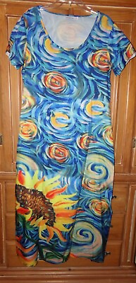 #ad MISS LOOK SIZE L BLUE SUNFLOWER ABSTRACT A LINE BOHO SHORT SLEEVE DRESS MAXI $17.95