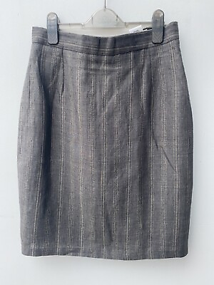 Vintage linen blend brown striped knee skirt work size 14 W31” Straight Pencil GBP 14.95