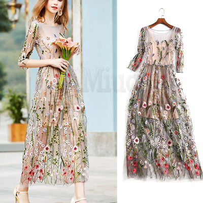#ad Women Boho Cotton Maxi Dress Embroidered Lace Sheer Mesh Floral Long Party Dress $28.69