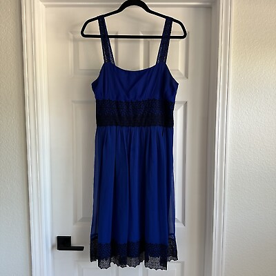 #ad Blue Silk Cocktail Dress with Black Lace Trim Women’s Size 14 $20.00