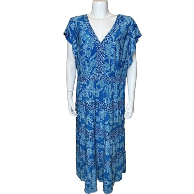 #ad Lauren Ralph Lauren Maxi Dress 18W Tiered Jersey Knit Stretch Blue Floral $39.99