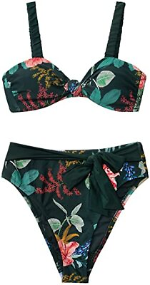 #ad CUPSHE Women#x27;s High Waisted Bikini Swimsuit Floral Print Tie Knot Two Piece Med $14.99