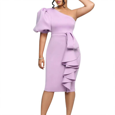 #ad Women Solid Oblique Shoulder Bubble Sleeve Wrap Sexy Party Dress Plus Size $40.08