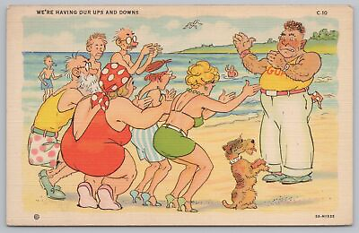 Comic Beach Old Folks Work Out on Beach Ups amp; Downs Dog Linen Postcard $2.80