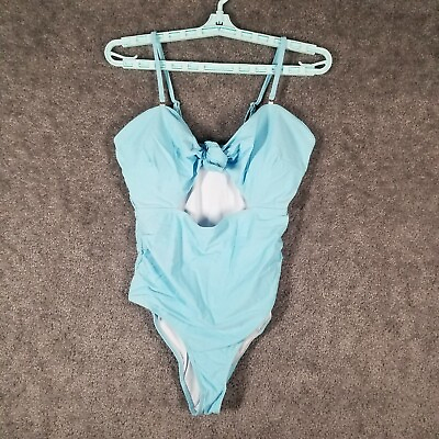 #ad Women Sz L 1 Piece Swimsuit Blue NWOT Knot Front Cut Out Plain Swimwear Beach $12.74