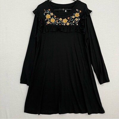 Cupio Black Stretch Long Sleeve Floral Embroidered Ruffle Boho Dress Large $22.00
