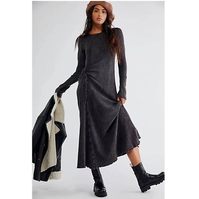 Free People XS Natasha Ribbed Knit Thermal Sweater Dress Gray Maxi Long Sleeves $79.99
