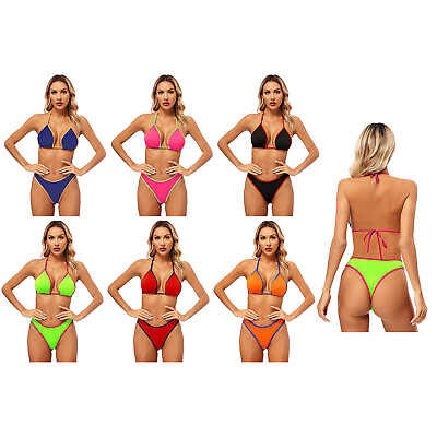 #ad Women Beachwear Briefs Bikini Vacation Swimsuit High Cut Bra Thongs 2 Piece $8.77