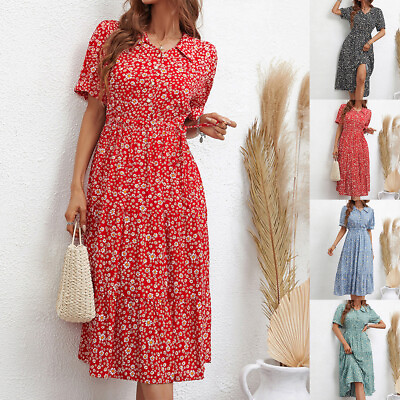 #ad Women#x27;s Floral Summer A line Dress Short Sleeve Holiday Beach Midi Sun Dresses $25.69