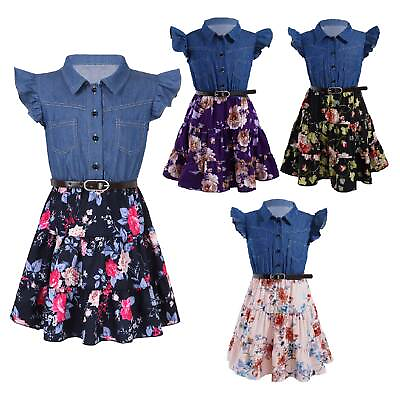 #ad Kid Girls A line Dress Summer Denim Floral Print Dress Above Knee Length Clothes $16.32