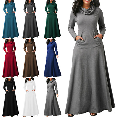 #ad Women#x27;s Casual Pockets Maxi Dress Ladies Long Sleeve High Neck Pullover Dresses‹ $17.71