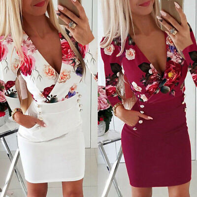 #ad #ad Mini Party Dresses Bodycon Floral Dress Sleeve Long Evening Women Sexy $19.69