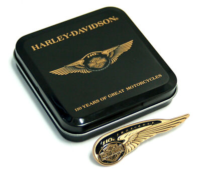 #ad Harley Davidson 110TH ANNIVERSARY COLLECTORS TIN TANK BADGE PIN $14.99