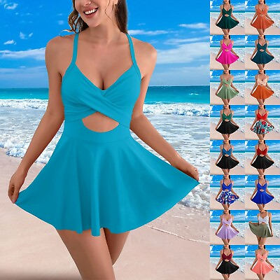 #ad Women Cutout Skirt Swimsuit Solid V Neck Wrap Tie Back Swimdress Bathing Suits $27.78