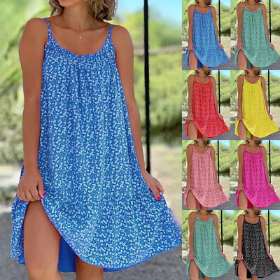 #ad Plus Size Womens Boho Strappy Mini Dress Summer Beach Loose Fit Swing Sundress $18.59