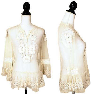 #ad SUNDANCE Top White Ivory Bell Sleeve Floral Lace Sheer Beaded Fringe Hem Boho 4 $39.99