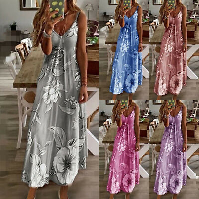 #ad Women Ladies Floral V Neck Beach Strappy Boho Dress Plus Size Summer Dresses $15.22