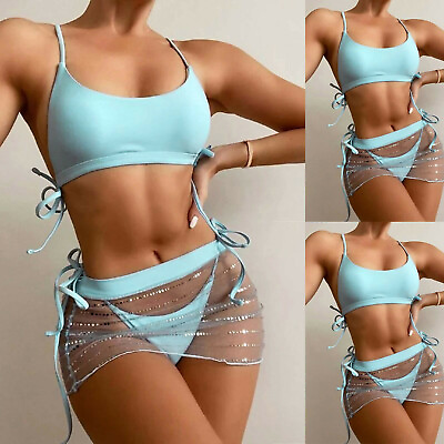 #ad Women 3PCS Bikini Swimsuit Bra Thong Transparent Bronzing Skirt Swimwear Beach $20.99
