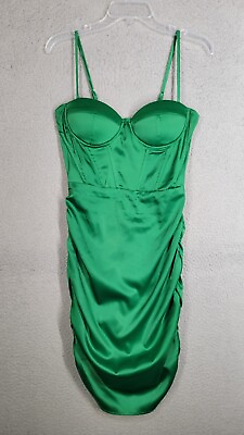 #ad Green Satin Bodycon Dress Medium Stretch Bustier Top Ruched Skirt Sides $14.50