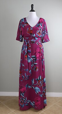 #ad ESHAKTI $89 Fuchsia Floral V Neck Lined Bow Belted Maxi Dress Size 1X 18W $44.99