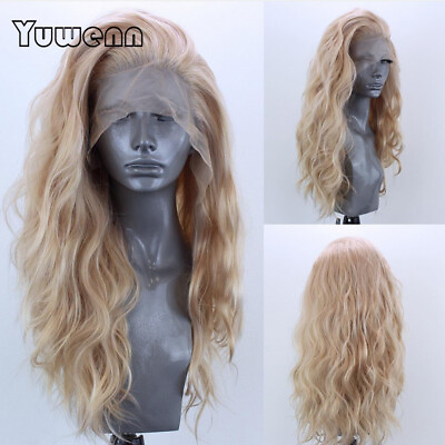 Long Loose Wavy Lace Front Human Hair Blend Heat Ok Wig Women Blonde Mix 27 613 $42.19