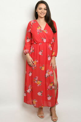 #ad Womens Plus Size Red Floral Romper Maxi Dress 2XL Long Sleeve Slit Leg $29.95