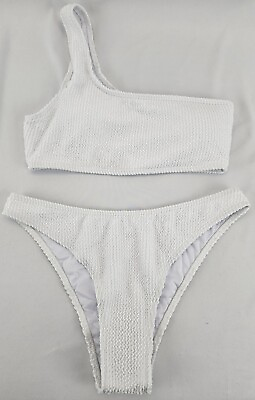 #ad Ribbed One Shoulder Bikini Swimsuit Padded Cheeky Bottom Womens Size M. White $14.99