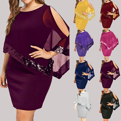 Plus Size Women#x27;s Sequins Round Neck Mini Dress Ladies Cocktail Party Dresses $16.79
