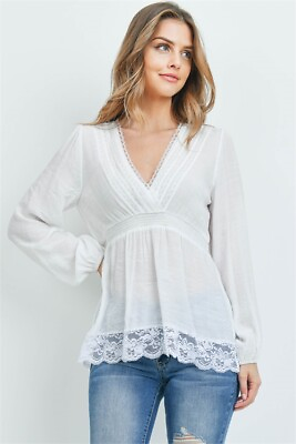 Ivory White Boho Lace Accent Top Size Small V Neck Long Sleeve $21.95