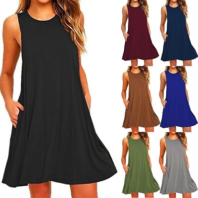 Women Casual Sleeveless T Shirt Boho Dresses Pocket Plain A Line Beach Sundress $11.59