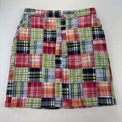 #ad LL Bean Womens Skirt 14 L Madras Plaid Patchwork Favorite Fit Straight Waist 34 $24.88