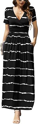 LILBETTER Women#x27;s Summer Short Sleeves Dress Wrap Waist Maxi Dresses with Pocket $81.14