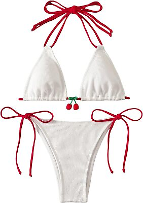 #ad GORGLITTER Women#x27;s String Thong Bikini Set Cherry Colorblock High Cut Triangle T $70.22