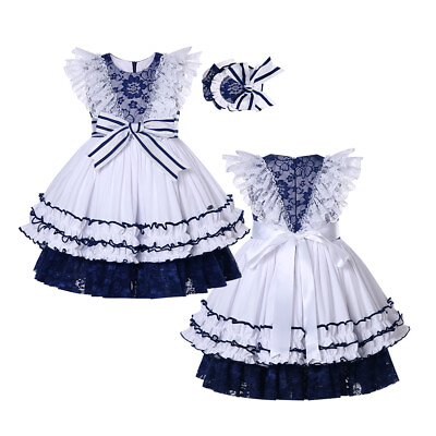 #ad Girls Lace Dress Ruffle Dresses Size 2 3 4 5 6 8 10 12 Headband White Summer $46.99