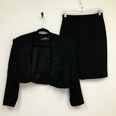Ellen Tracy Womens 2 Piece Skirt Suit Black Cropped Zipper Beads Wool Petite 6 8 $30.03