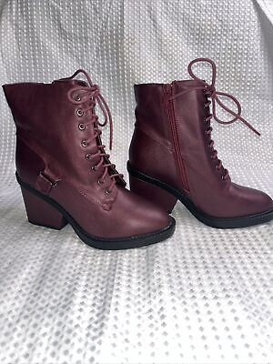 #ad Women’s Ankle Boots Size 8.5 With 3” Heels Side Zipper And Ties Wine Color $12.99