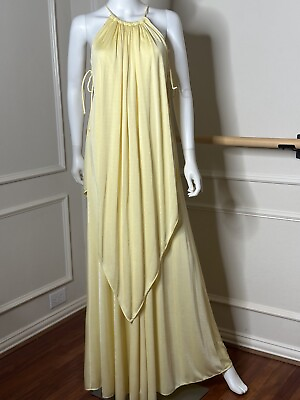#ad Vintage Poly Jersey Sheath Maxi Dress 1970s Disco Yellow Drape Straps Sexy Gown $181.35