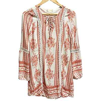#ad Altar’d State LS Boho Floral Tunic Women#x27;s S Coral Cream Lace Detail Tie Front $24.00