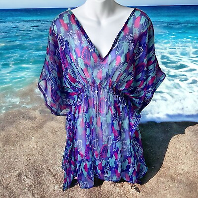 #ad #ad Unbranded Swim Kaftan Coverup One Size Sheer Teal Pink Blue Palm Fronds Print $12.99