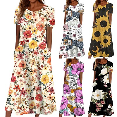 #ad Women M Boho Dress Short Sleeve O Neck Pocket Dress Casual Print Short Crewneck $32.51