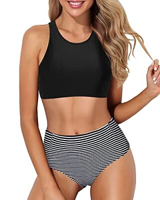 #ad Tempt Me Women Striped Two Piece Swimsuit High Waisted Bikini Set Sporty $7.99