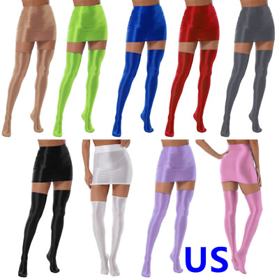 US Lady Shiny Stockings High Waist Mini Skirt with Thigh High Stockings Clubwear $12.59
