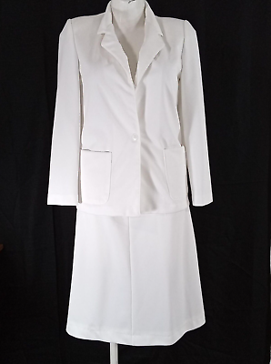 #ad #ad Devon Women#x27;s Skirt Suit Size 14 White Polyester USA Button Elastic Waist VTG $56.25