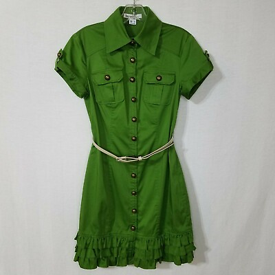 #ad Kensie Pretty Dress Ruffle Button Down S S Belted Pockets Green Size S K214P $24.99