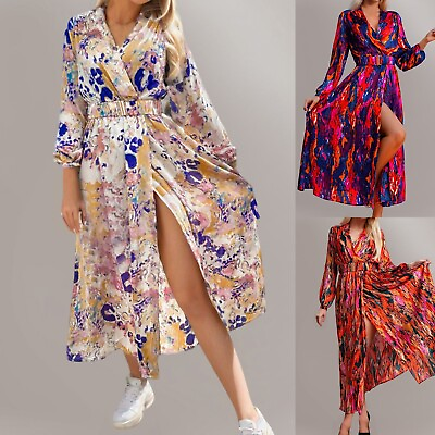 #ad Women Bohemian Floral Printed Wrap V Neck Short Sleeve Split Maxi Dress $24.09