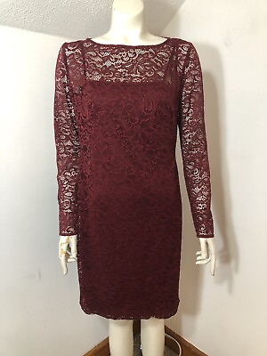 #ad Chaps Womens 8 Burgundy Long Sleeved Lace Dress Lined Knee Length $14.95