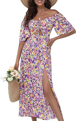 #ad Womens Summer Floral Midi Dress 2024 Casual Boho Dresses Short Sleeve A line Squ $91.82