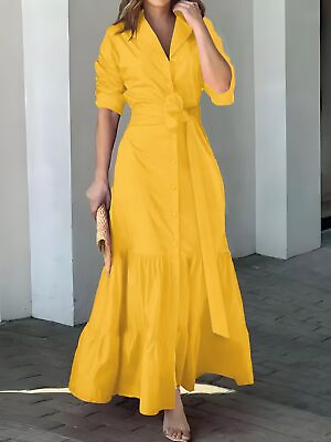 #ad Solid Button Front Belted Dress Elegant Ruched Sleeve Ruffle Trim Maxi Dress $21.85