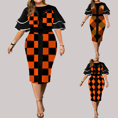#ad Plus Size Womens Print Ruffle Sleeve Bodycon Dress Evening Party Midi Dresses $29.69